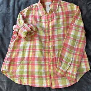 Jones New York 100% linen plaid button down shirt